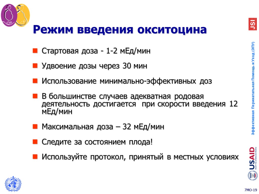 Режим введения окситоцина Стартовая доза - 1-2 мЕд/мин Удвоение дозы через 30 мин Использование